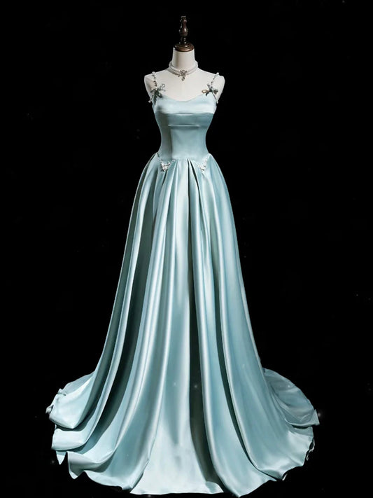 A-Line Blue Satin Long Evening Dress Blue Long Formal Dress