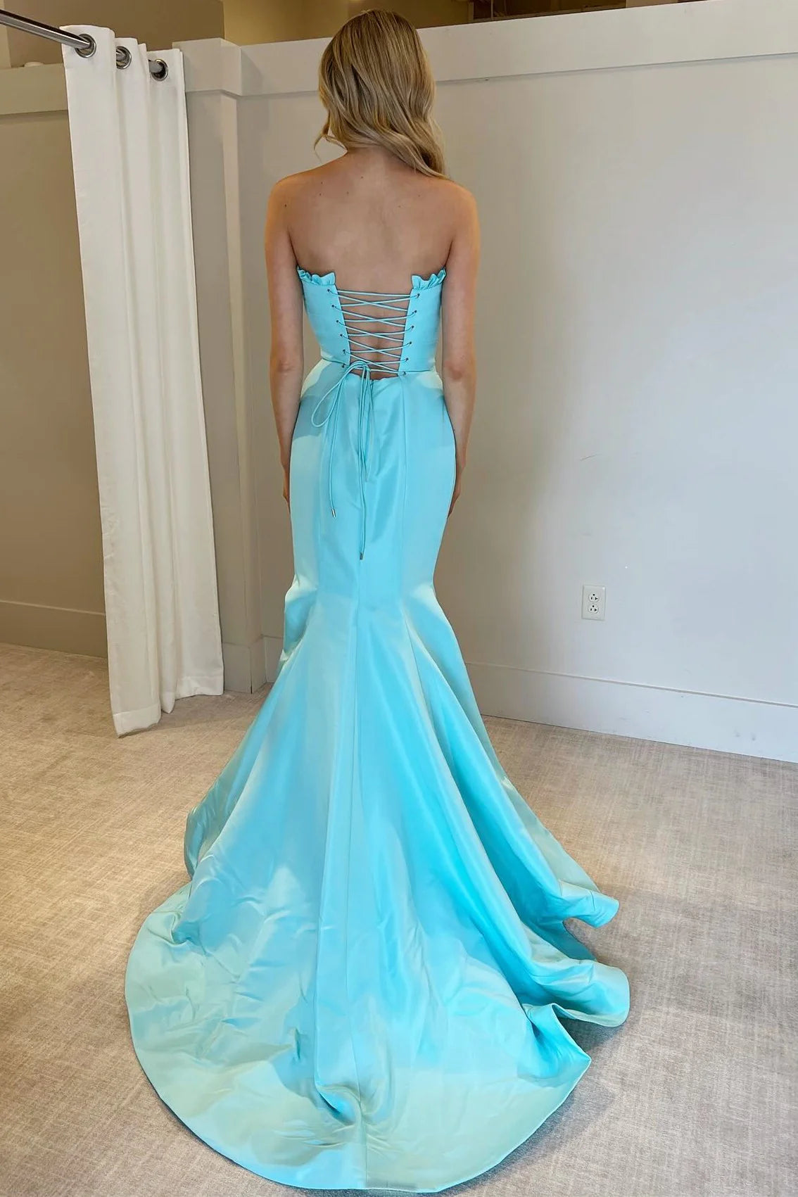 Sexy Aqua Blue Strapless Ruffle Trumpet Long Prom Dress with Slit