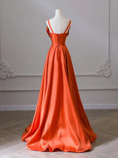 A-Line Orange Satin Long Evening Dress Orange Long Evening Dress