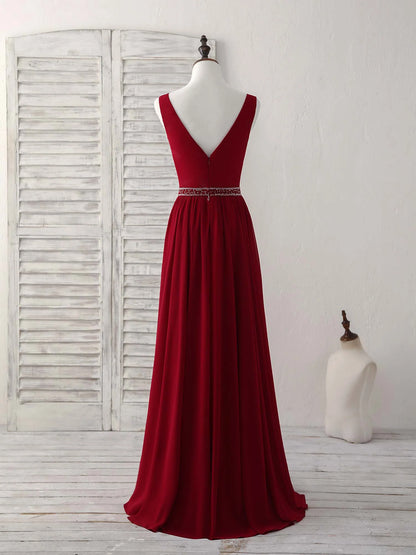 V Neck Beads Long Prom Dress Burgundy Evening Dress