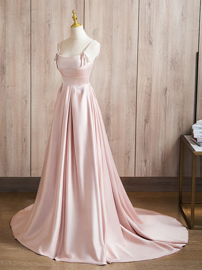 A-Line Satin Pink Long Prom Dress Pink Long Formal Dress