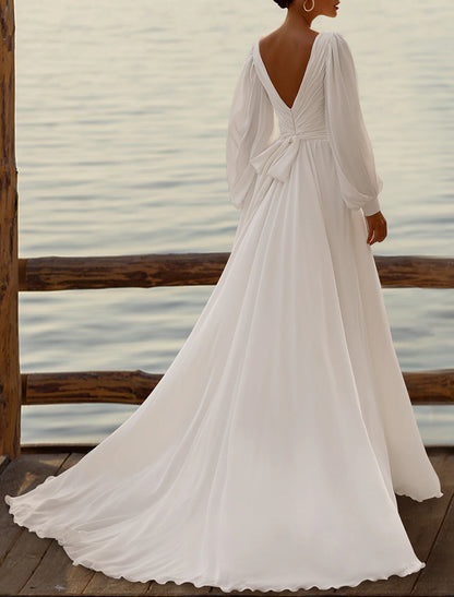 Formal Wedding Dresses A-Line V Neck Long Sleeve Court Train Chiffon Bridal Gowns With Pleats Ruched