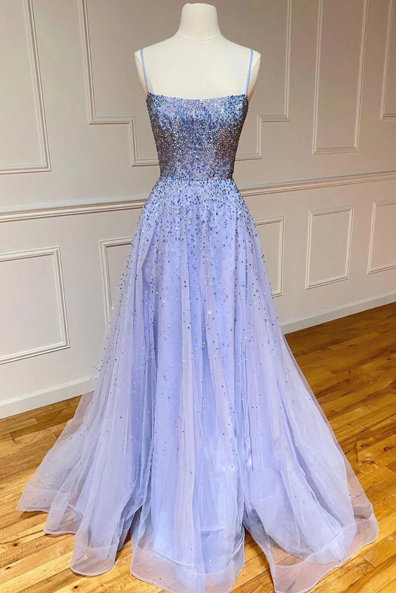 Purple tulle sequin long prom dress sequin prom dress