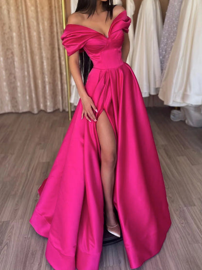 Elegant v neck off shoulder satin long prom dress formal prom dress