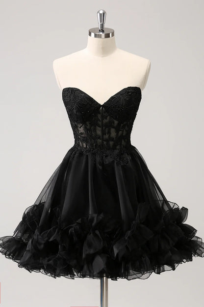 Black A Line Sweetheart Corset Beaded Homecoming Dress