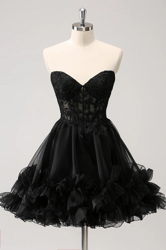 Black A Line Sweetheart Corset Beaded Homecoming Dress