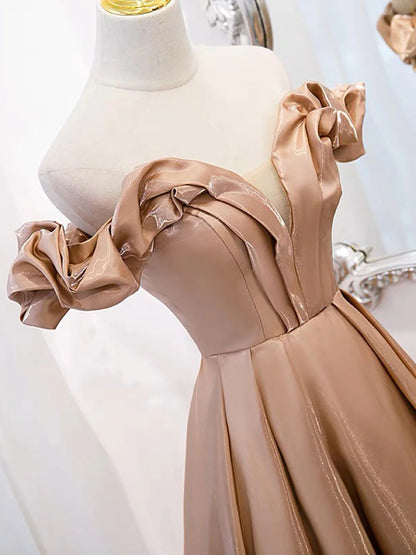A-Line Off Shoulder Satin Champagne Long Prom Dress Champagne Formal EveningDress