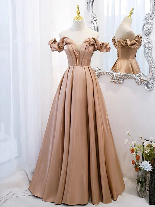 A-Line Off Shoulder Satin Champagne Long Prom Dress Champagne Formal EveningDress
