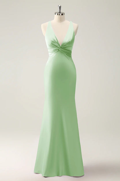 OKBBN Mermaid V-neck Satin Long Bridesmaid Dress