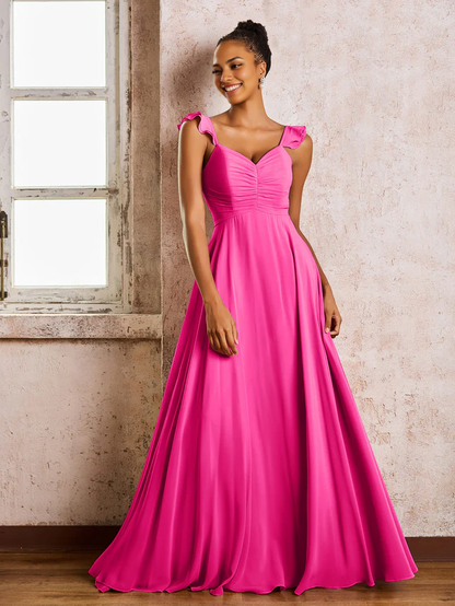 OKBBN pleated shoulder strap sleeveless A-line chiffon bridesmaid dress