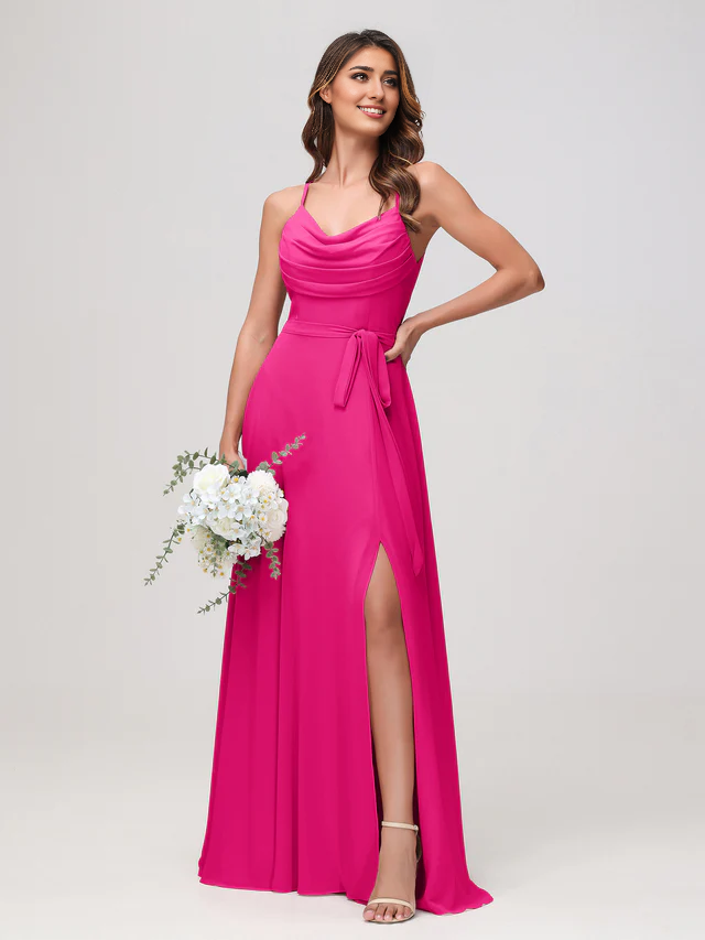 OKBBN sexy scarf collar pleated chiffon slit bridesmaid dress