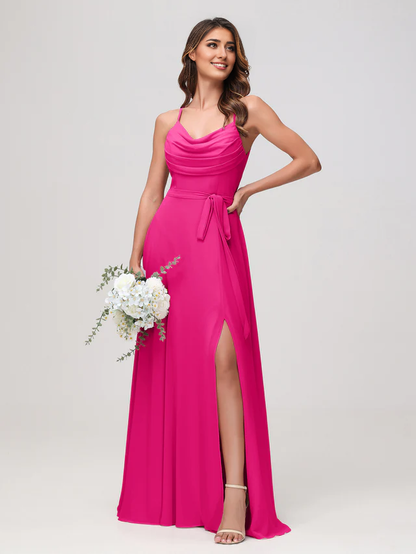OKBBN sexy scarf collar pleated chiffon slit bridesmaid dress