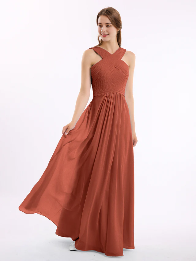 OKBBN Cross Shoulder Chiffon High Waist Bridesmaid Dress