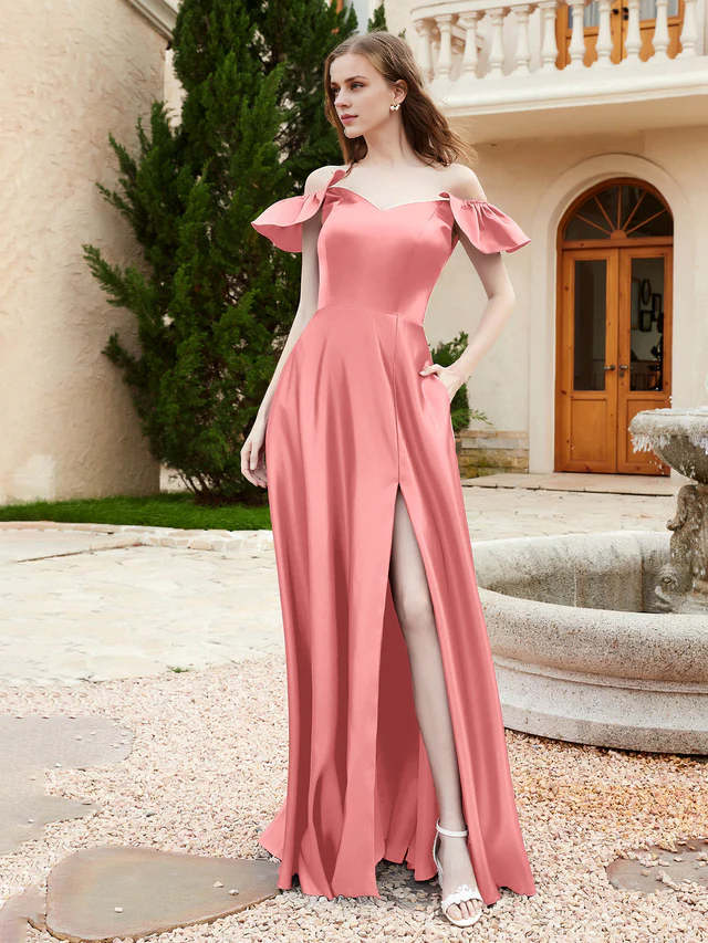 OKBBN Elegant Off Shoulder Satin Bridesmaid Dress