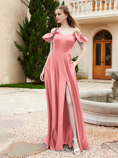 OKBBN Elegant Off Shoulder Satin Bridesmaid Dress