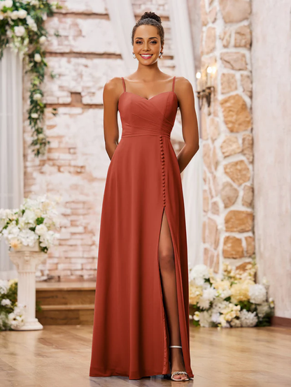 heart-shaped collar with thin shoulder straps chiffon bridesmaid dress