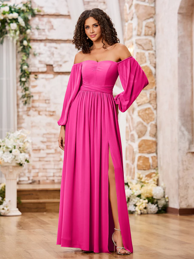 OKBBN off shoulder long sleeved chiffon split bridesmaid dress