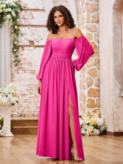 OKBBN off shoulder long sleeved chiffon split bridesmaid dress