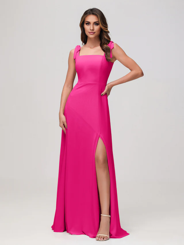OKBBN square neckline sleeveless and floor chiffon bridesmaid dress