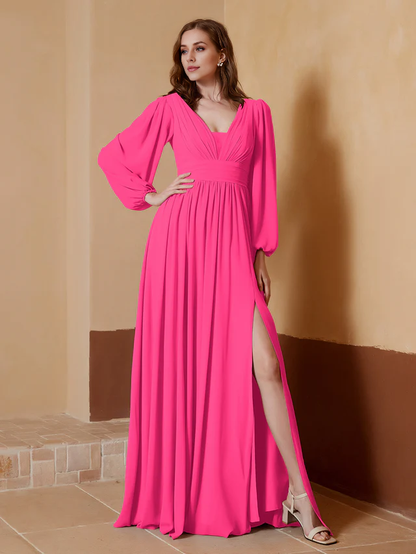 OKBBN deep V-neck and floor split bridesmaid dress
