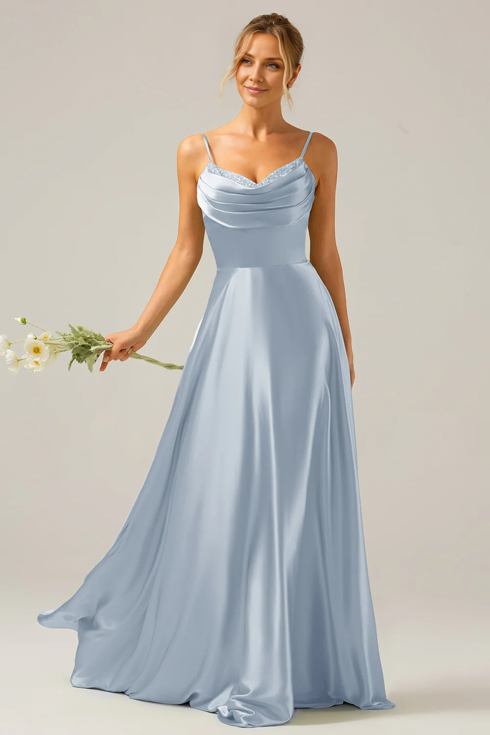 OKBBN A-line scarf collar satin long bridesmaid dress