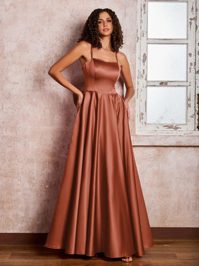 OKBBN Square Neck Thin Strap Satin Bridesmaid Dress