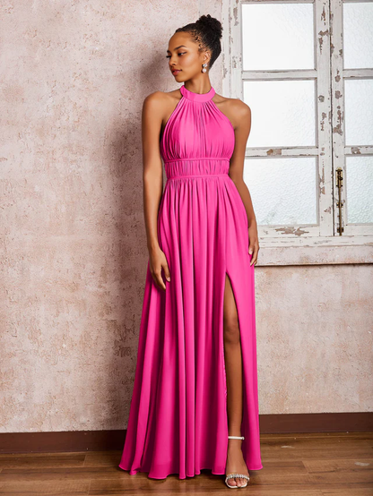 OKBBN pleated neck hanging chiffon split bridesmaid dress