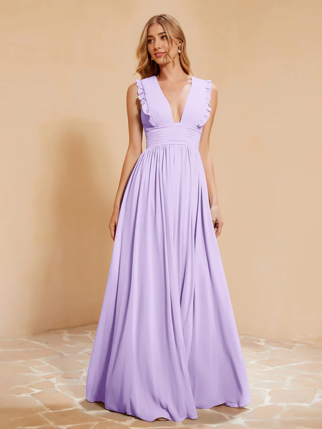 OKBBN deep V-neck ruffled pleated bridesmaid dress