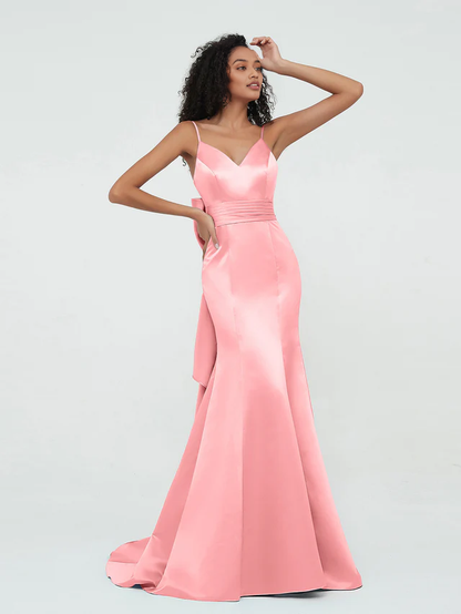 OKBBN thin shoulder strap satin mermaid bridesmaid dress