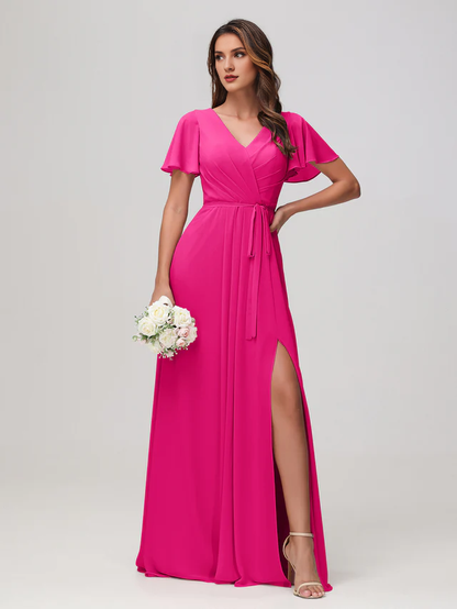 OKBBN pleated chiffon bridesmaid dress with flowing sleeves