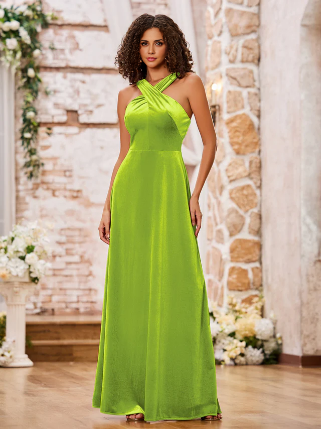 OKBBN Velvet Sleeveless Long Bridesmaid Dress