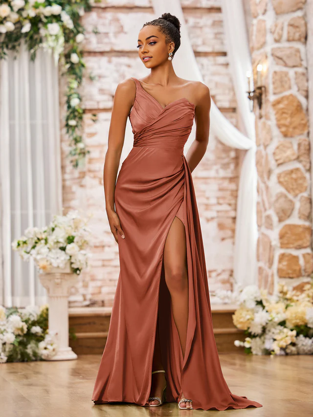 OKBBN one shoulder sweetheart high slit sexy bridesmaid dress