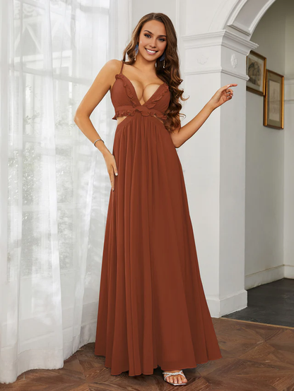 OKBBN thin shoulder strap ruffle edge chiffon hollow out ultra long sexy bridesmaid dress
