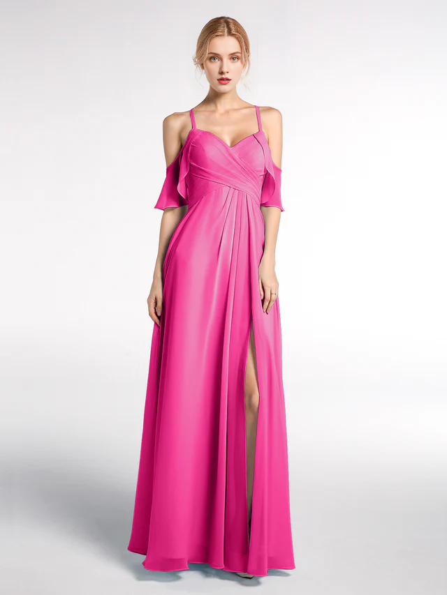OKBBN slim shoulder strap high waisted ruffled hem slim fit bridesmaid dress