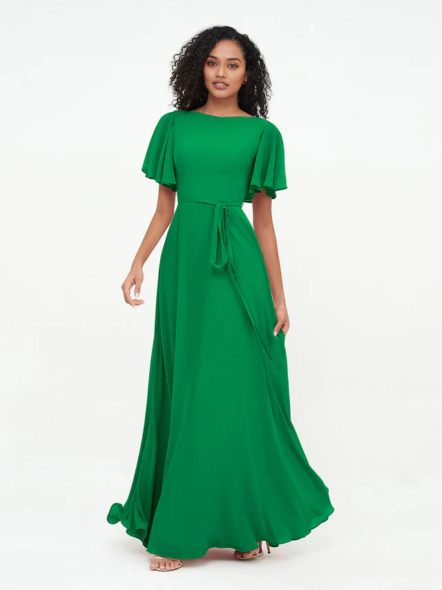 OKBBN elegant flowing sleeve chiffon bridesmaid dress