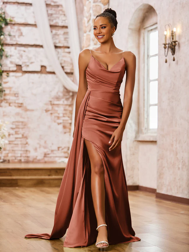 OKBBN tight slim shoulder strap soft satin sexy slit bridesmaid dress