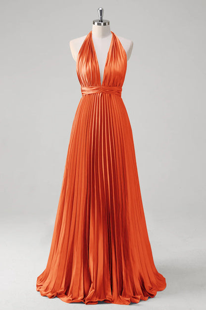 OKBBN satin A-line hanging neck pleated backless long evening gown