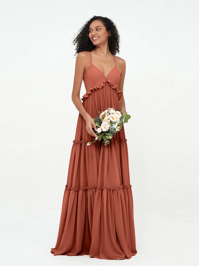 OKBBN chiffon thin shoulder strap layered sleeveless bridesmaid dress