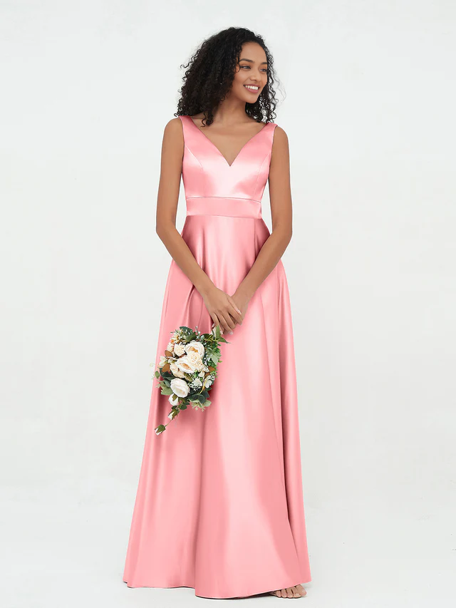 OKBBN Princess V-neck satin pocket bridesmaid dress