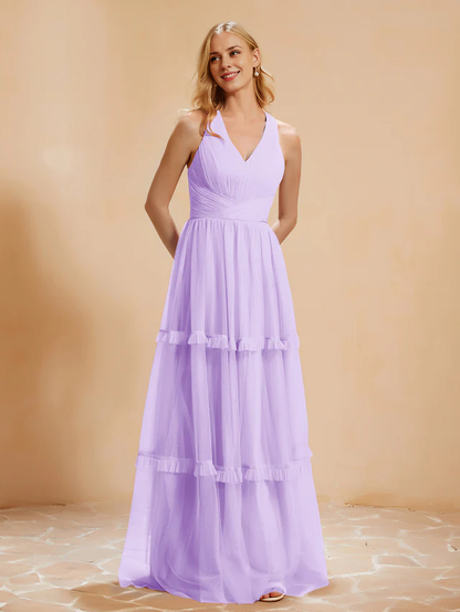 OKBBN V-neck pleated ruffle and ground chiffon bridesmaid dress