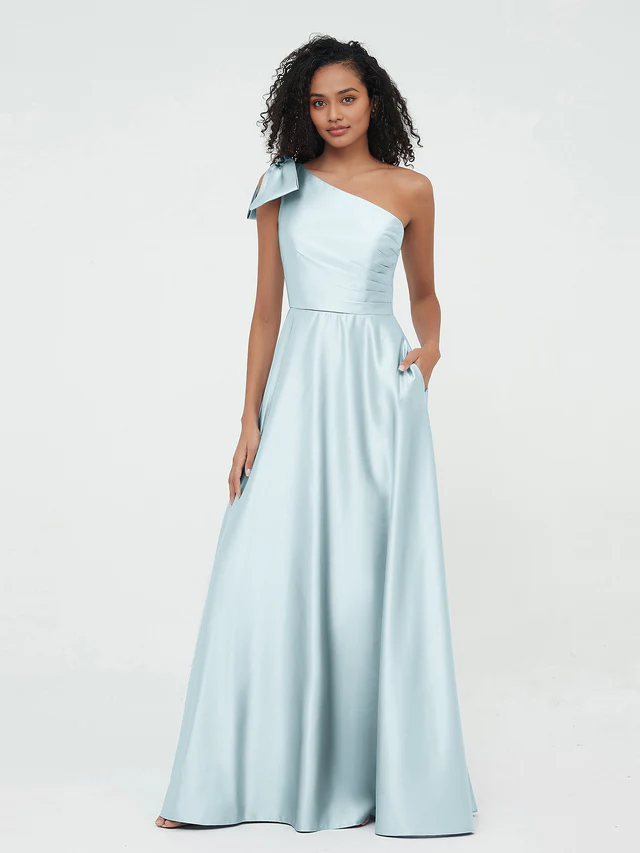 OKBBN One Shoulder Long Satin Sleeveless Bridesmaid Dress