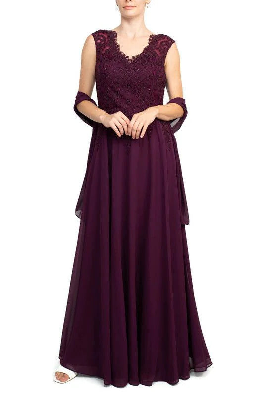 Embellished Scalloped Neck Cap Sleeve Zipper Back Flutter Embroidered Mesh Chiffon Mother of the Bride Dresses with Scarf