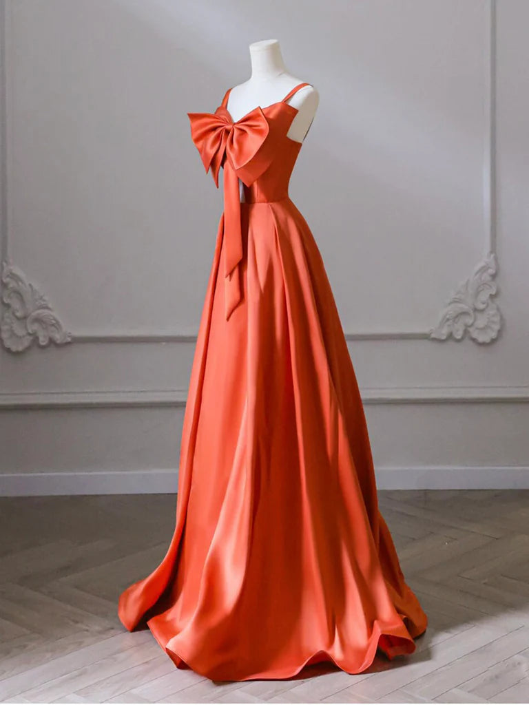 A-Line Orange Satin Long Evening Dress Orange Long Evening Dress