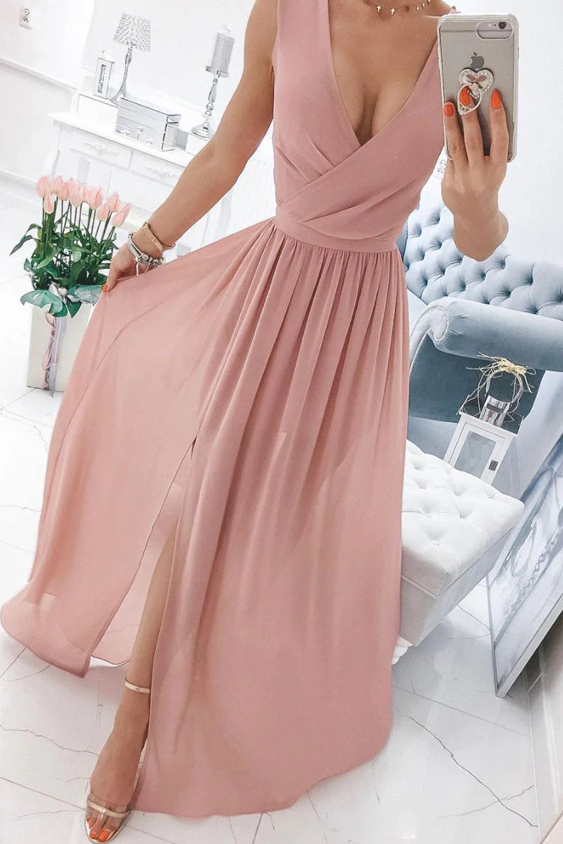 Simple chiffon pink long prom dress pink prom dress