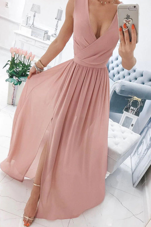 Simple chiffon pink long prom dress pink prom dress