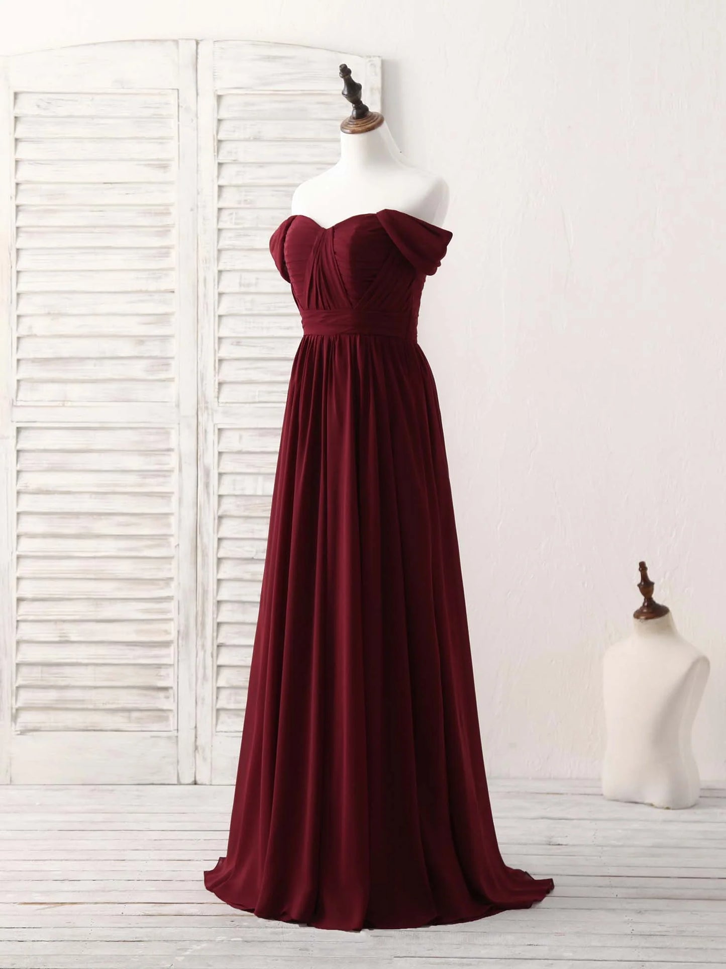 Chiffon Off Shoulder Long Prom Dress Burgundy Bridesmaid Dress