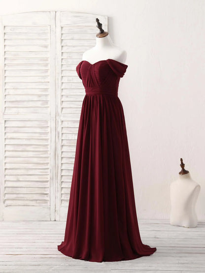 Chiffon Off Shoulder Long Prom Dress Burgundy Bridesmaid Dress