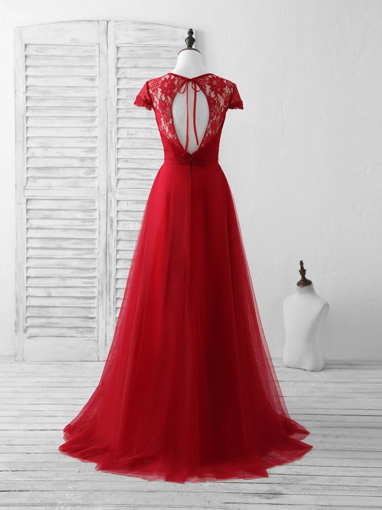 Tulle Lace Long Prom Dress Burgundy Evening Dress