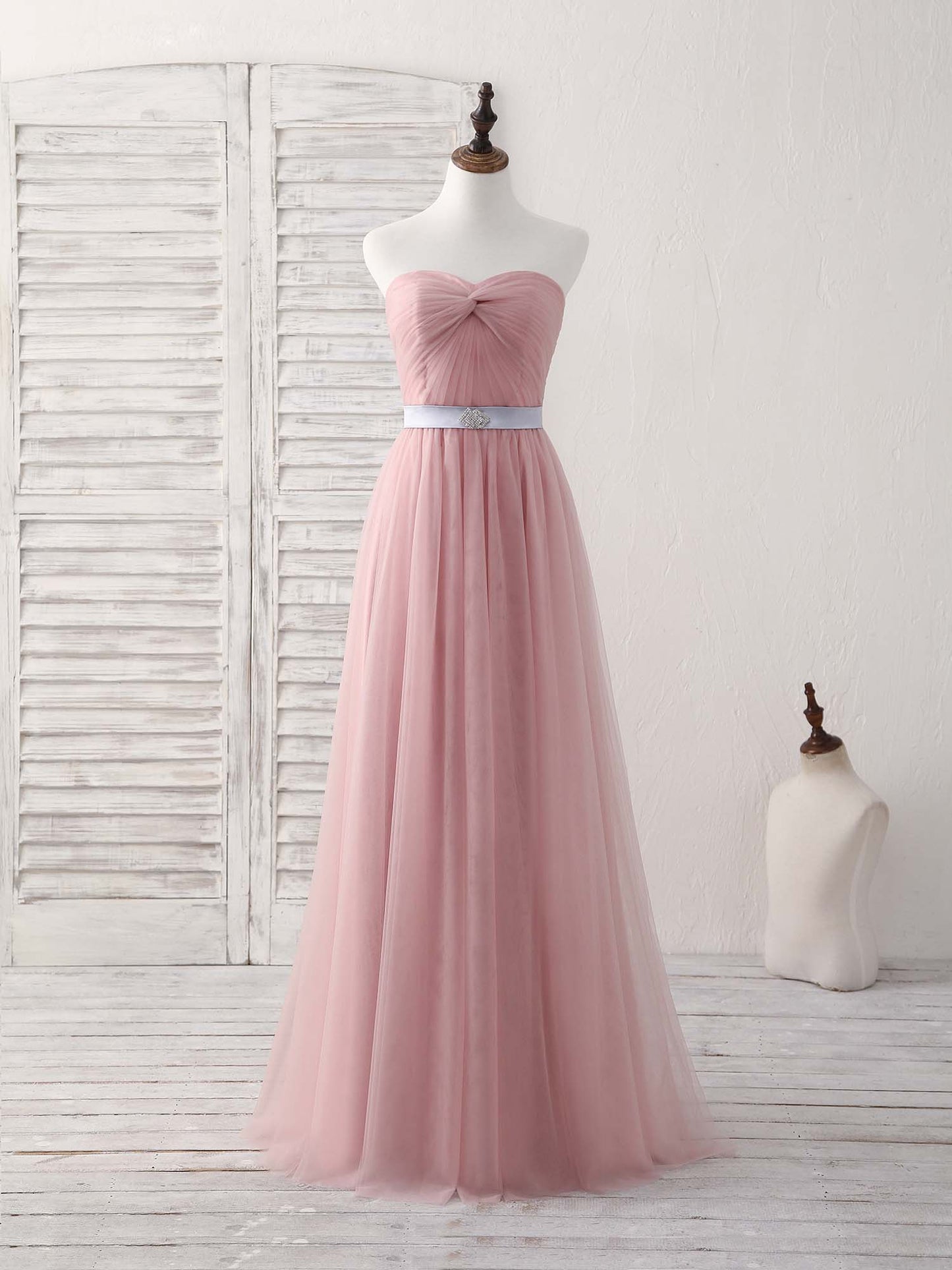 Sweetheart Neck Tulle Long Prom Dress, Aline Pink Bridesmaid Dress