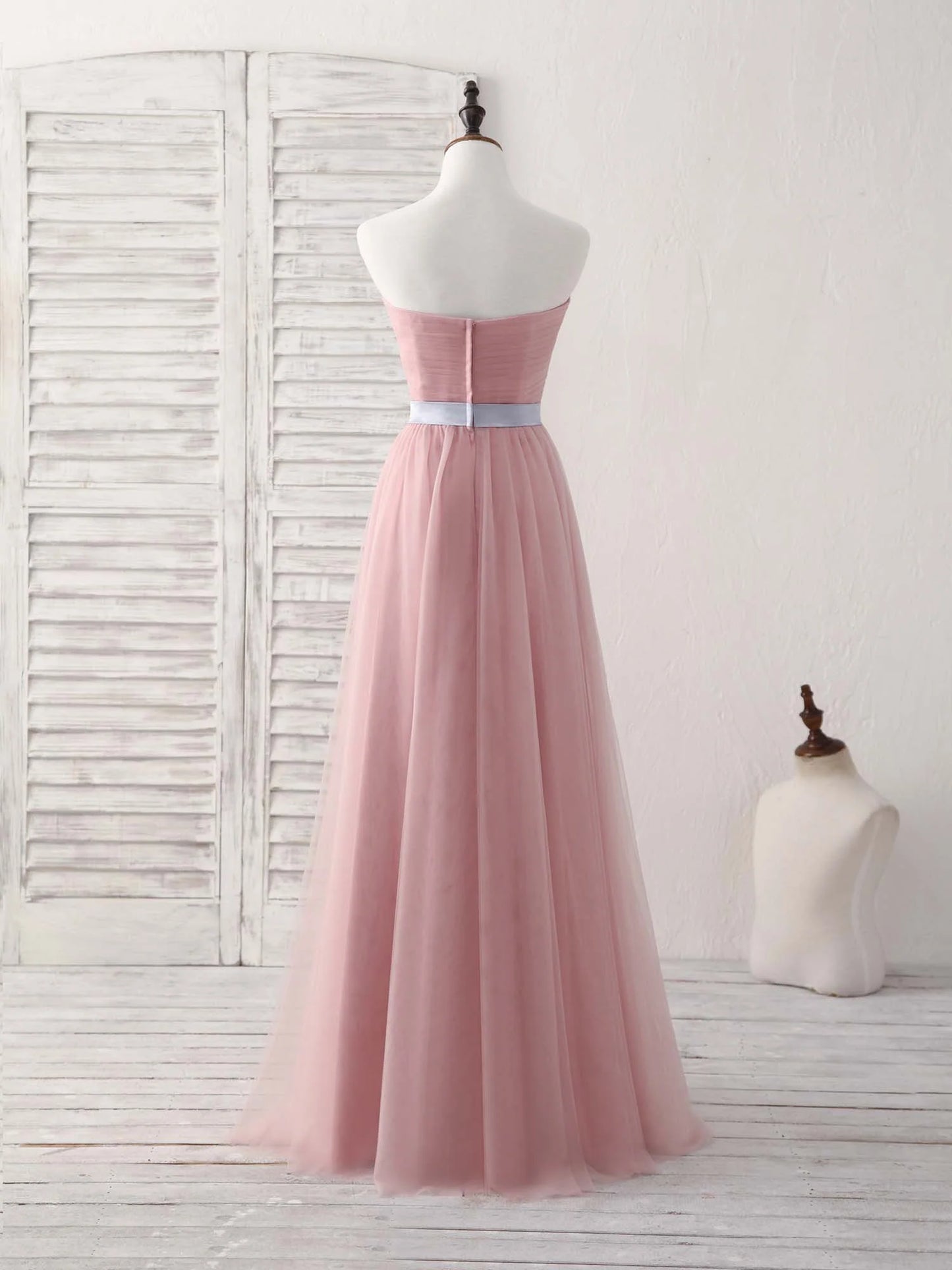 Sweetheart Neck Tulle Long Prom Dress, Aline Pink Bridesmaid Dress